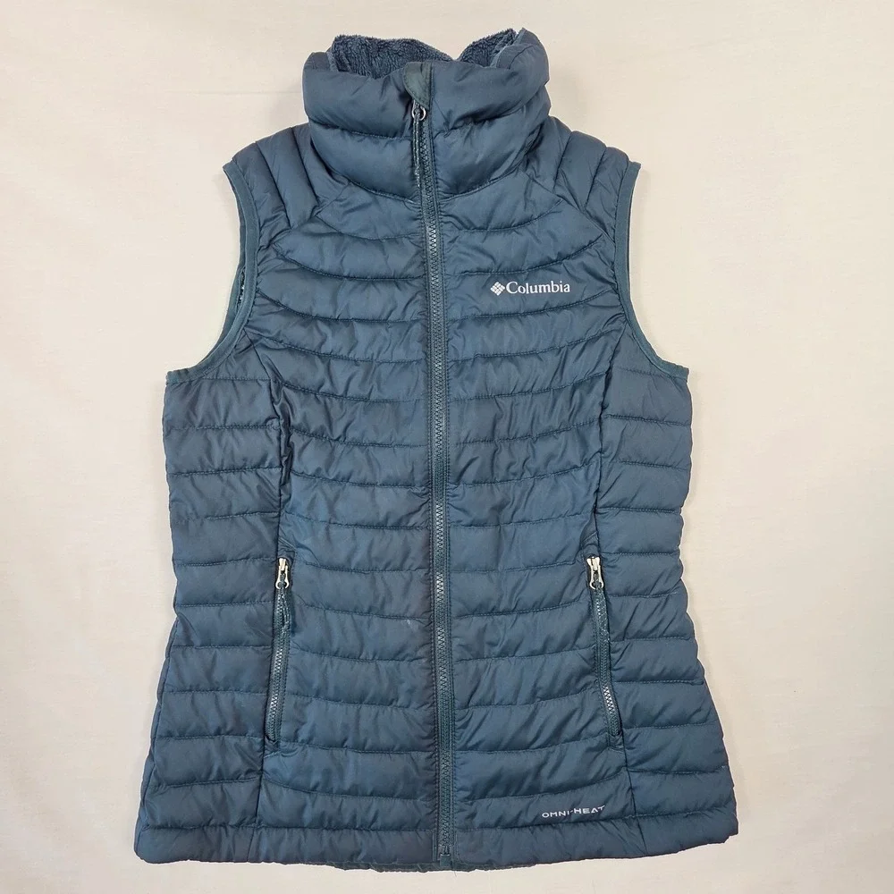 Columbia Quilted Omni Heat Insulated Puffer Vest Blue Womens XS Zip Up‎ Fleece